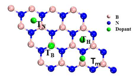 BN의 결정구조 및 도핑위치(TB, TN, TH 및 Tm)