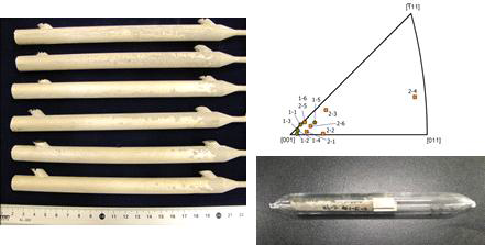 CMSX-4 일방향응고 시편(좌), misorientation 분포(우상) 및 크리프 시편 형상(우하)