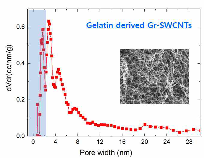 젤라틴-탄소나노튜브 나노탄소 다공체에 대한 기공 분포도