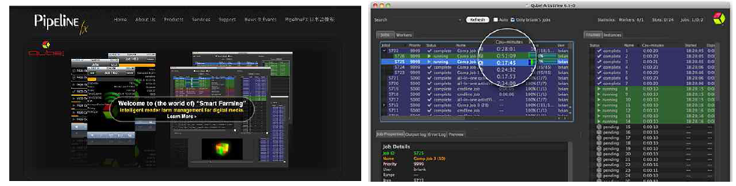 PipelineFX사 홈페이지(좌), PipelineFX사의 RMS ‘Qube’(우)