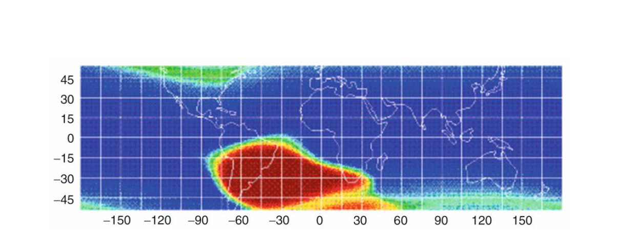 붉은색 지역이 South Atlantic Anomaly 발생 지역