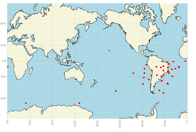극궤도에서 관측된 위성 이상 현상 진단 중에서 확인이 가능한 이벤트의 발생지역. 빨간 점이 대부분 남아메리카 상공에 위치해있으며 그 이외의 지역에 표시된 부분은 GCR에 의한 영향으로 추정.