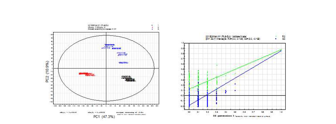 PLS-DA score plot and validation model of Makgeolli fermented by different starter