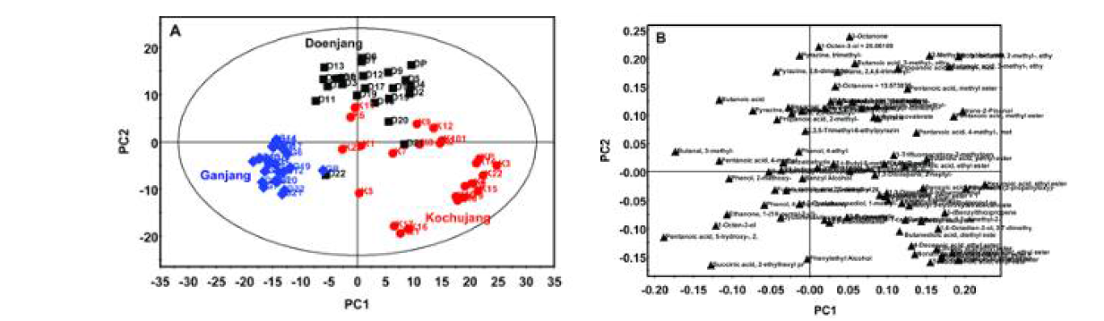 PCA score and scatter loading plot derived from volatile compounds in jang by GC/MS
