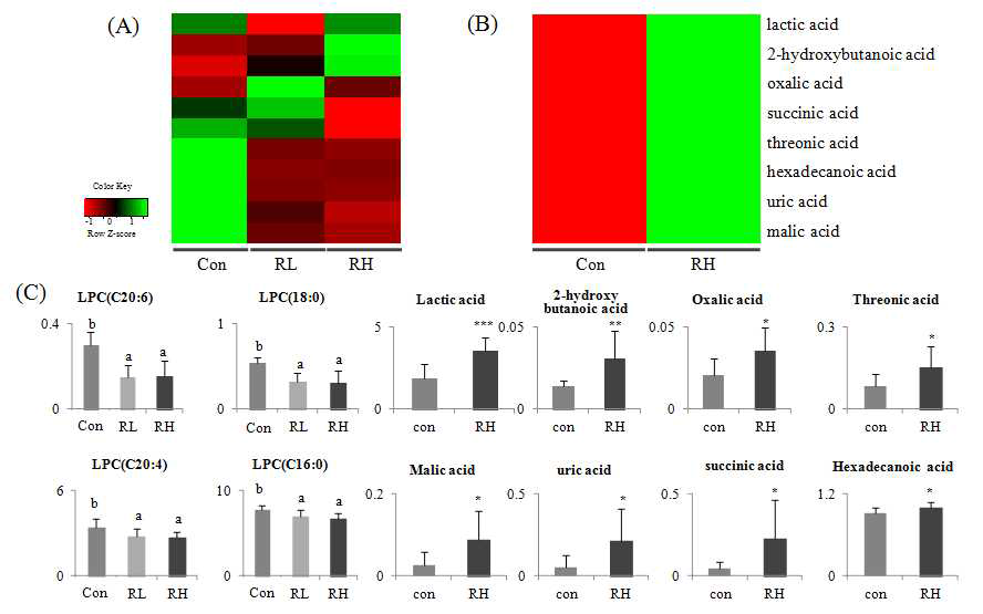 The heat maps of identified blood metabolites from rats fed normal and ginseng and their normalized chromatogram intensities. The heat map color drawn by R with ggplot2 represented the z-score transformed raw data of blood metabolites and was plotted in green-red color scale with red indicating the increase of metabolite level and green indicating the decrease of the level. Y-axis of the bar graph is the normalized intensity and different letters on the bars indicate significant difference at p < 0.05.