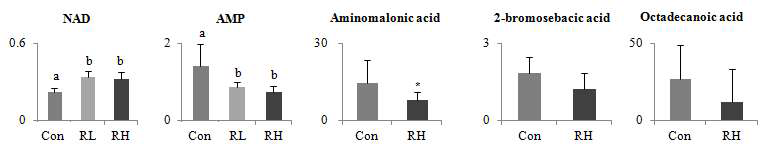 The normalized chromatogram intensities of liver metabolites identified from rats.