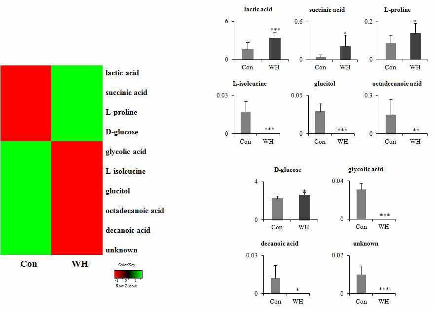 The heat maps of identified blood metabolites from rats fed normal and whit ginseng and their normalized chromatogram intensities.