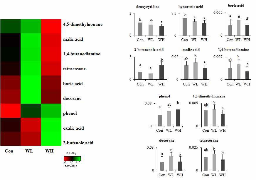 The heat maps of identified liver metabolites from rats fed normal and whit ginseng and their normalized chromatogram intensities.