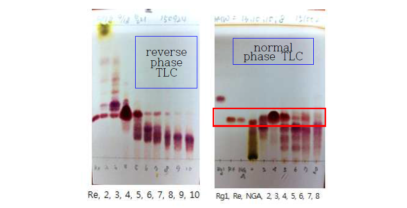 Ginsenoside Re와 5-5-2-2 fraction 중 2~10번 물질의 reverse/normal phase TLC 패턴.