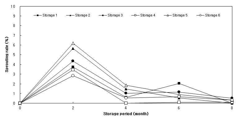 생강의 저장 중 발아율 변화
