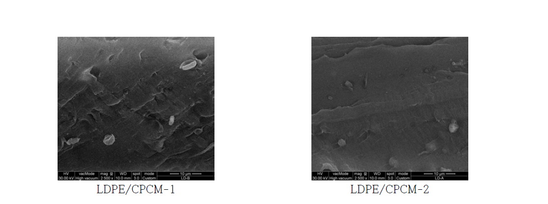 온도에 따른 LDPE/CPCM 복합필름 파단면의 SEM 이미지