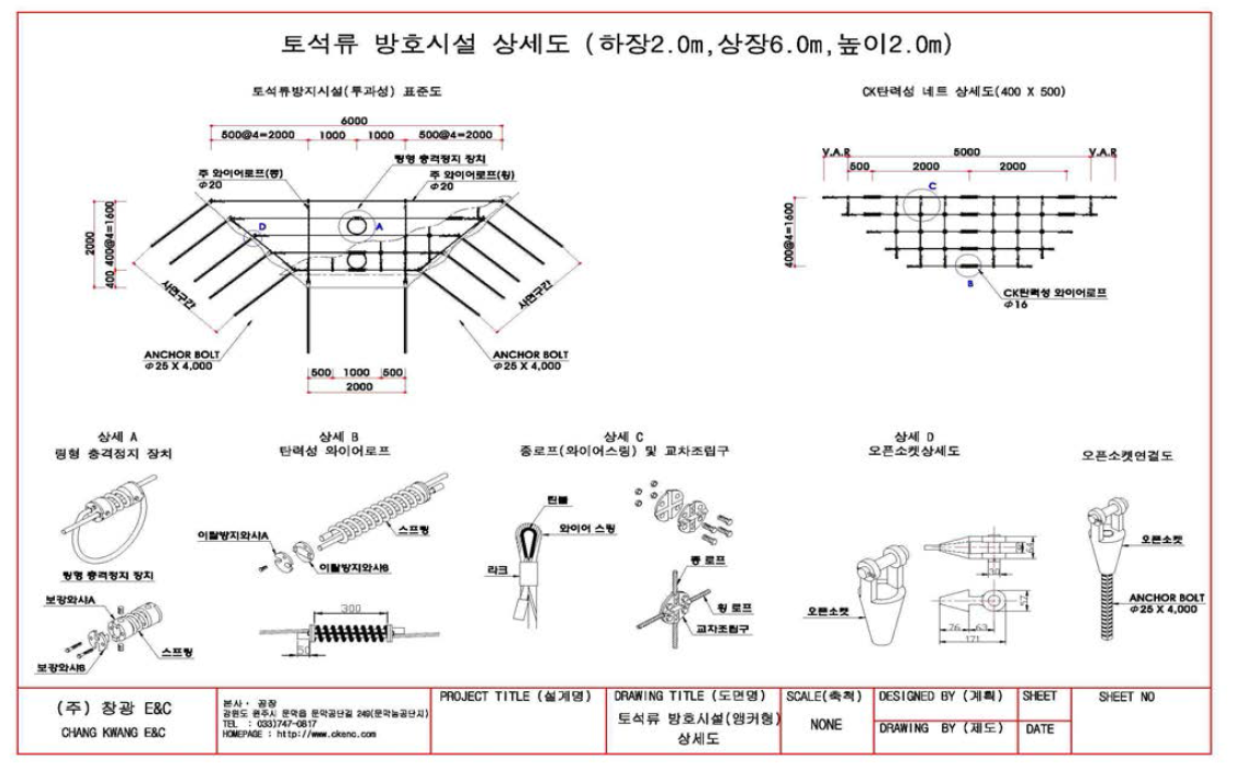 앵커형 토석류 방호시설 표준도 (400*500 횡,종 방향 간격)