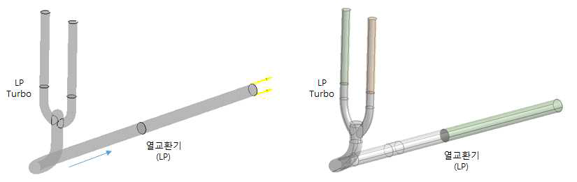 LP 터보차저 → 열교환기 (LP) 덕트의 기본형상(左)와 수정형상(右) (Y관 및 열교환기 쪽 직경확대로 단면변화구간 삭제)