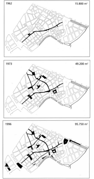 1962~1996년에 걸친 보행자 전용 거리와 광장의 변화