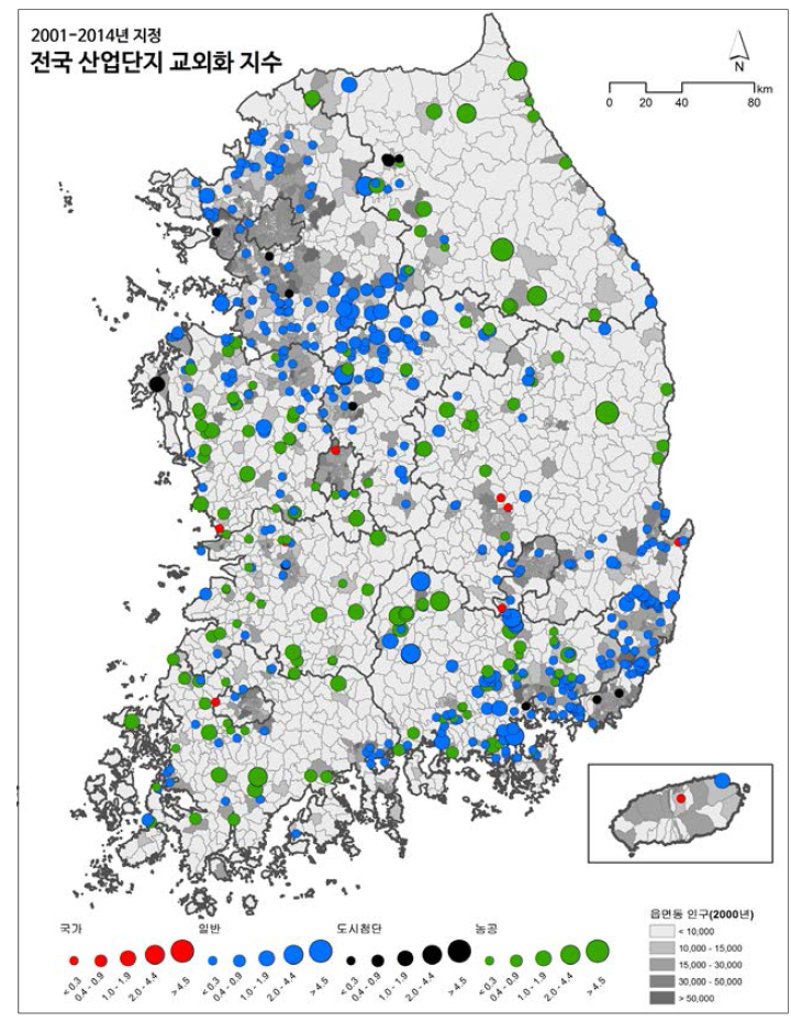 전국 산업단지 교외화 지수(2001~2014년 지정)