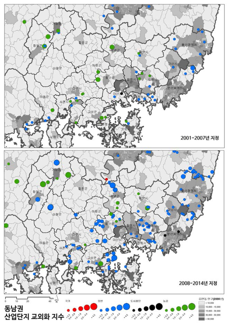 동남권 산업단지 교외화 지수(2001-2014년)