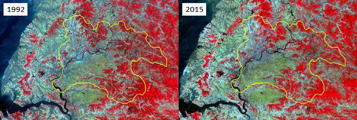 북한: 평양시 주변 지역의 1992년·2015년 Landsat 위성영상