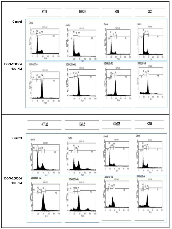 FACS 분석을 통한 대장암세포 (HCT116, HCT15, KM12, DLD1, Colo205, SW620, HT29, HCT8)에서 선도물질 DGG-200064의 G2/M 세포증식 억제 확인