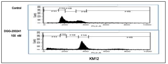 FACS 분석을 통한 대장암세포(HCT116)에서 DGG-200241의 G2/M 세포증식 억제 확인.