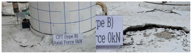CFT말뚝의 두부보강장치 (Type B – J형 철근 이음식, P = 0kN)의 파괴 양상