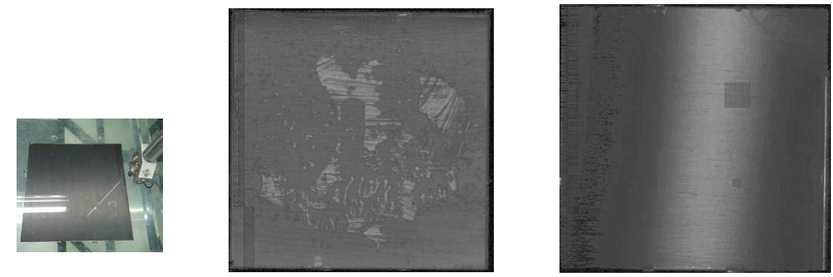 a) 시편 Type I CFRP 방향 수중 측정, b) 시편 I-1 및 c) 시편 I-2 의 c-scan 결과