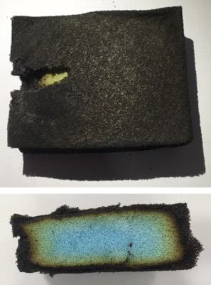 양성전분/MMT 5 BL 코팅한 고분자 폼 샘플의 화염 시험 후 표면(상)과 내부(하) 이미지