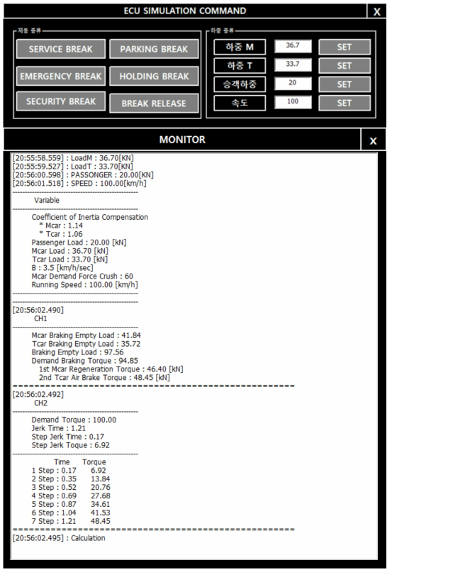 상용제동(조건 : 승객하중 20 KN / 차량속도 100 Km) 시뮬레이션