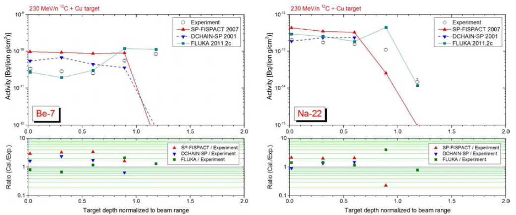 230 MeV/n 탄소빔에 의해 구리표적 내에 생성된 7Be과 22Na의 깊이에 따른 방사능분포.