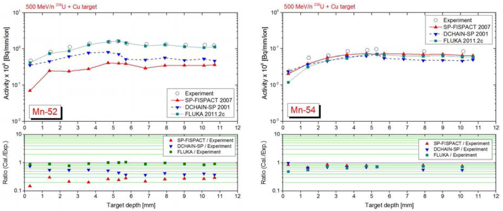 500 MeV/n 우라늄빔에 의해 구리표적 내에 생성된 52Mn과 54Mn의 깊이에 따른 농도분포.