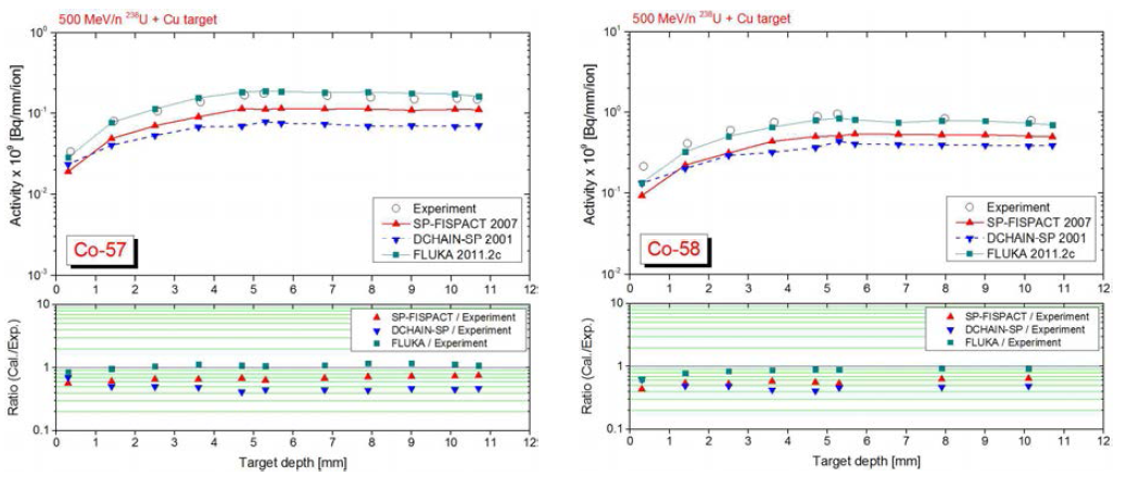 500 MeV/n 우라늄빔에 의해 구리표적 내에 생성된 57Co와 58Co의 깊이에 따른 농도분포.