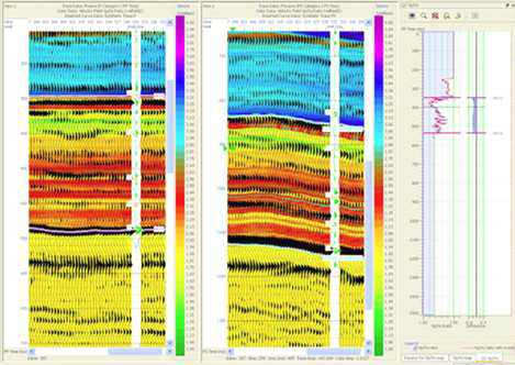 P-wave (left) and PS-wave (middle) data in their native time, with Vp/Vs ratio computed from horizon matching (colored lines).