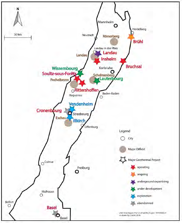 Upper Rhine Graben 지역의 주요 지열개발 프로젝트 위치도