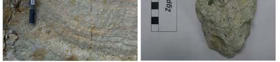 양북면 일대에 분포하는 (a), (b) 표품 Zgp42-2-1의 노두 사진; (c) 암석 사진