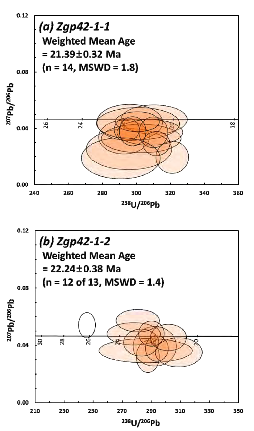 Terra-Wasserburg concordia diagram에 나타낸 Zgp42-1-1과 Zgp42-1-2의 SHRIMP U-Pb 연대