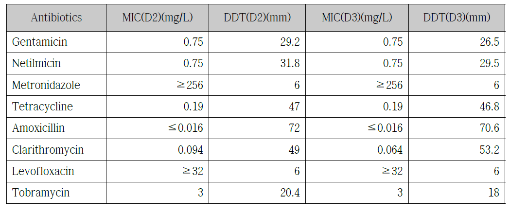 H-3 균주에 대한 E-test와 disc diffusion test 결과