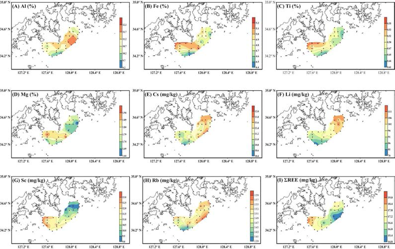 Spatial distribution patterns of major elements, conservative metals and TREE in the CSSM