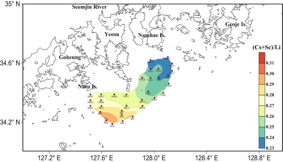 Spatial variation of (Cs+Sc)/Li in surface sediment