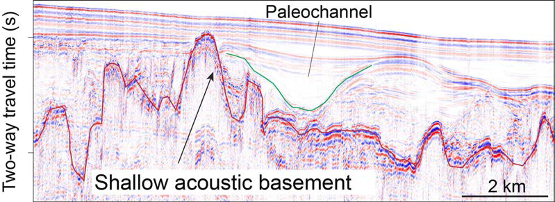 Sparker profile of 15PCT-07 showing shallow acoustic basement with paleo-channel in the inner shelf of South Sea