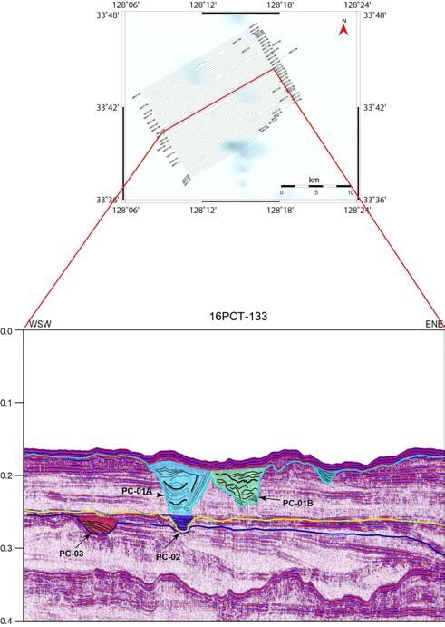 Sparker profiles of 16PCT-133 showing different facies of LGM and pre-LGM channel fill deposits