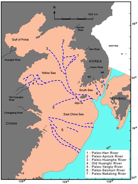 Imaginal paleochannel distribution on the East Asian continental shelf at the LGM