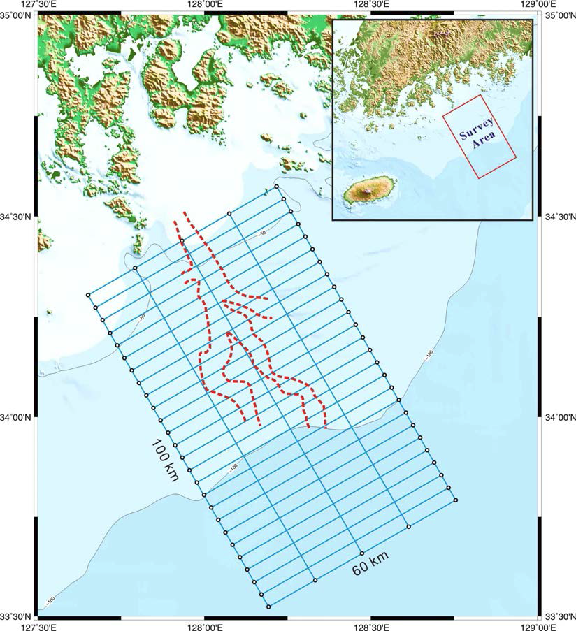 Preplot lines for 2D seismic survey in 2015. Red dotted lines indicate the distribution of paleo-channels