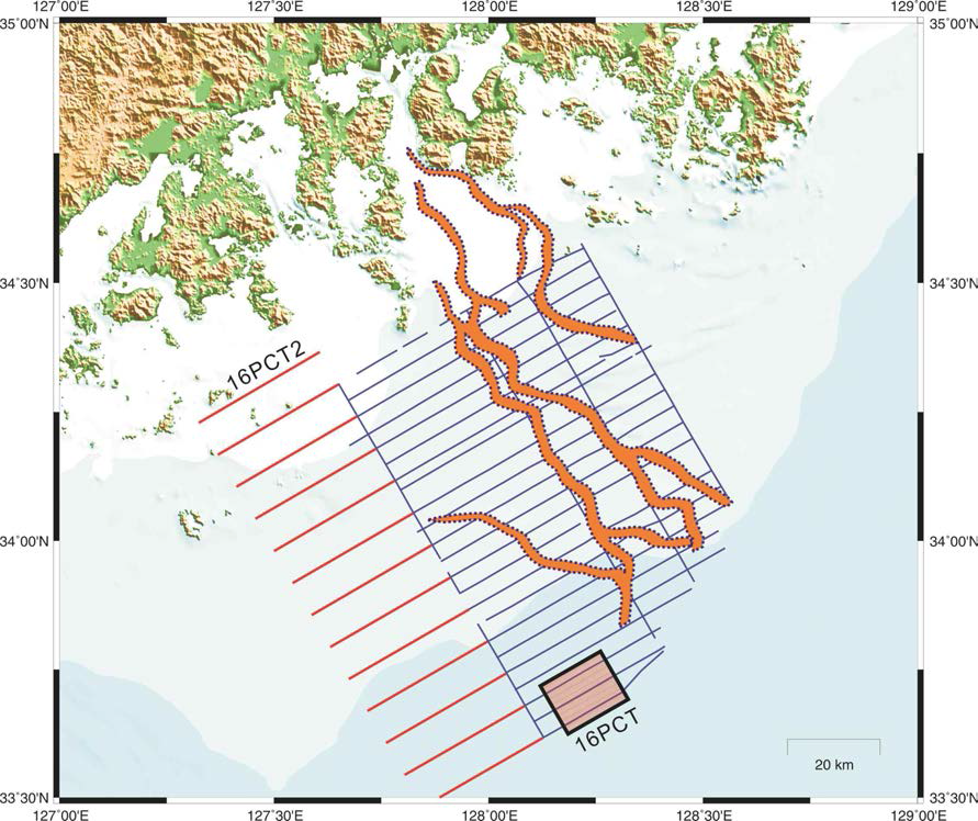 Preplot lines for 2016 seismic survey in the South Sea, offshore of Korea. Blue lines and dotted lines filled with orange color indicate 2015 seismic tracks and the distribution of paleo-channels interpreted by KIGAM(2015), respectively.