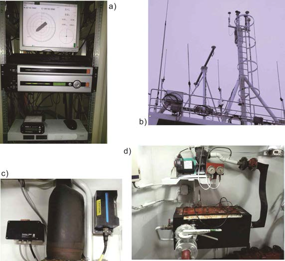 Auxiliary parts for multibeam echosounder a) Seapath300 (Kongsberg Seatex) b) Seapath GPS receivers c) MRU5 motion sensor d) surface sound velocity probe system (AML Micro SV)