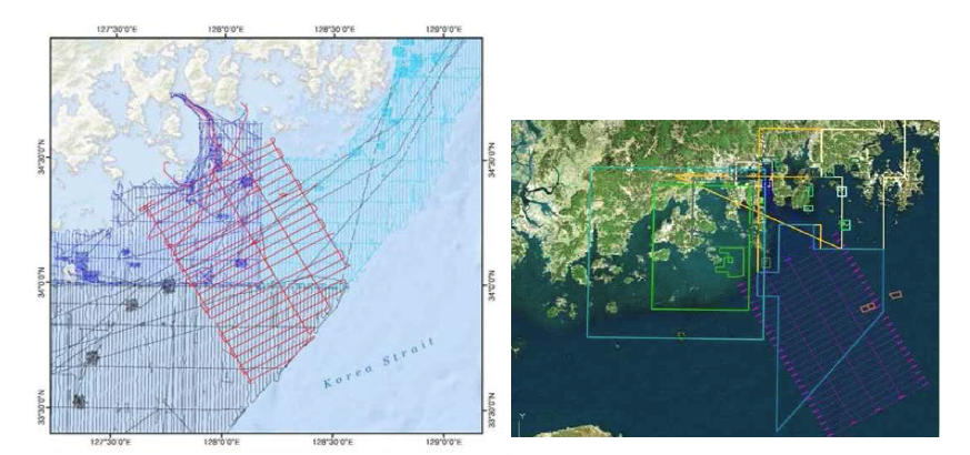 Track charts of national marine basic maps(L) and 와 survey blocks of coastal mapping program (R) from KHOA