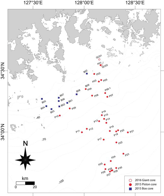 Location of piston, giant and box cores in the study area.