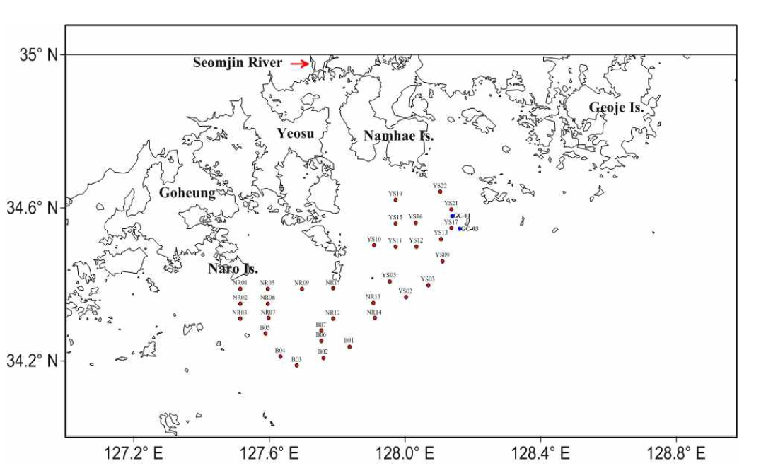 Location of 2 vertical core samples and 32 surface samples in the study area
