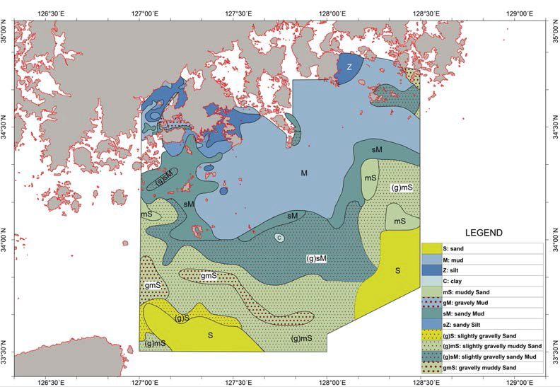 Spatial distribution map of sediment facies in the study area based on the classification of Folk (1968)