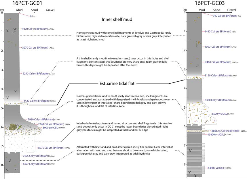 Columnar description of GC01 and GC03 and inferred depositional environments