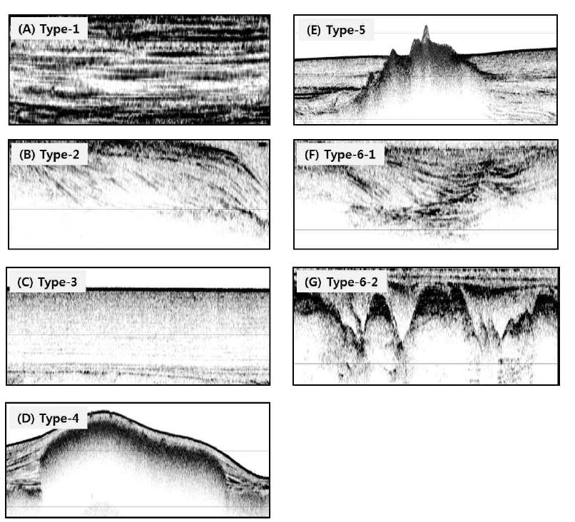 High-resolution chirp profiles showing several seismic facies divided in the study area