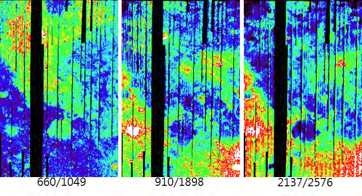 Ratio Result Maps of the reflection wavelength band to the absorption wavelength band of major lunar minerals